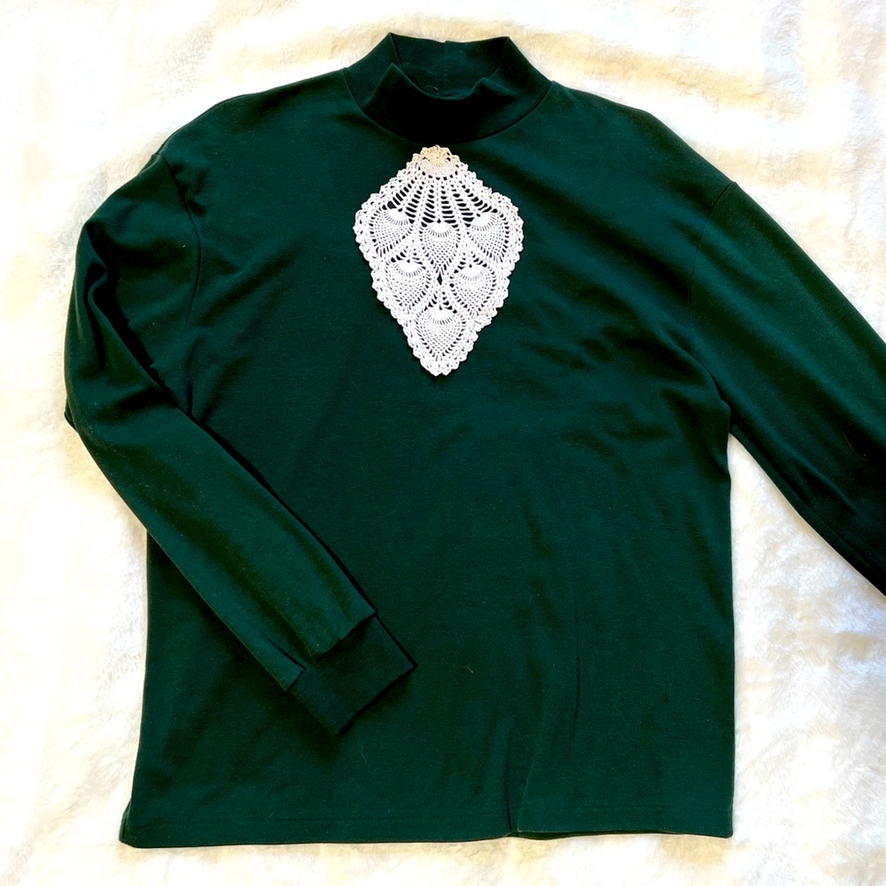 Vintage L.L. Bean Long Sleeve Casual Top Crocheted Detail Hunter Green Winter L